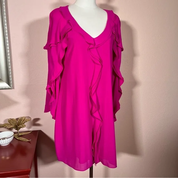 NEW Belle Badgley Mischka Magenta Long Sleeve Ruffle front Mini cocktail Dress - Picture 14 of 17
